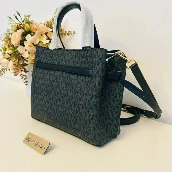 Michael Kors Emilia Small Satchel Crossbody Bag Black MK Signature - Picture 4 of 10